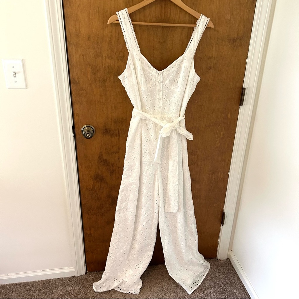 LuLus Sweetest Angel Ivory Eyelet Embroidered Tie-Front Jumpsuit. Size Large. - Picture 4 of 13